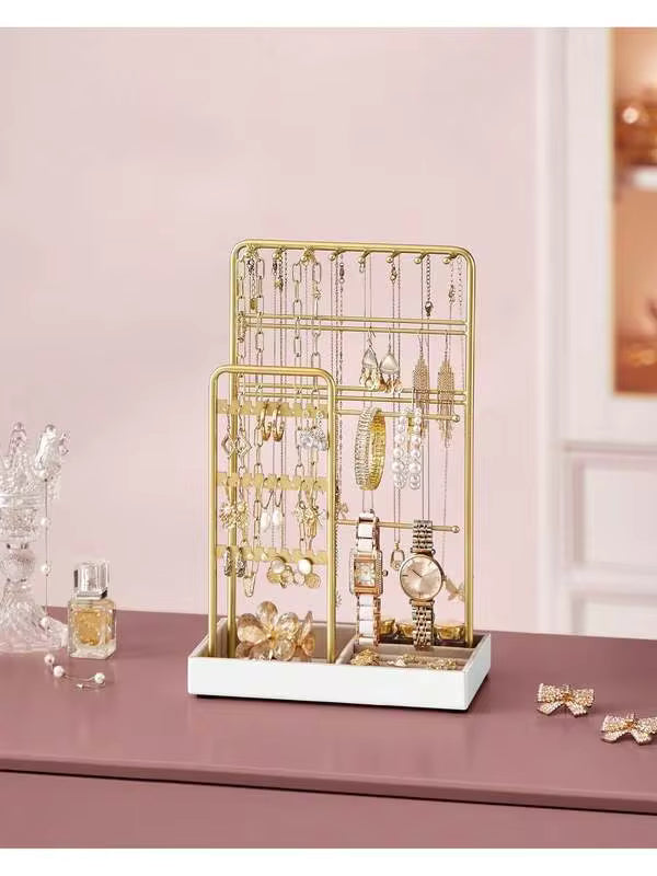 SONGMICS Jewelry Holder, Jewelry Organizer, Jewelry Display Stand With Metal Frame And Velvet Tray, Necklace Earring Bracelet Holder, For Studs, Rings, Gift Idea, 4.5"D X 7.7"W X 12.1"H, Gold Color, White, Black Valentine Day, Bedroom Decor