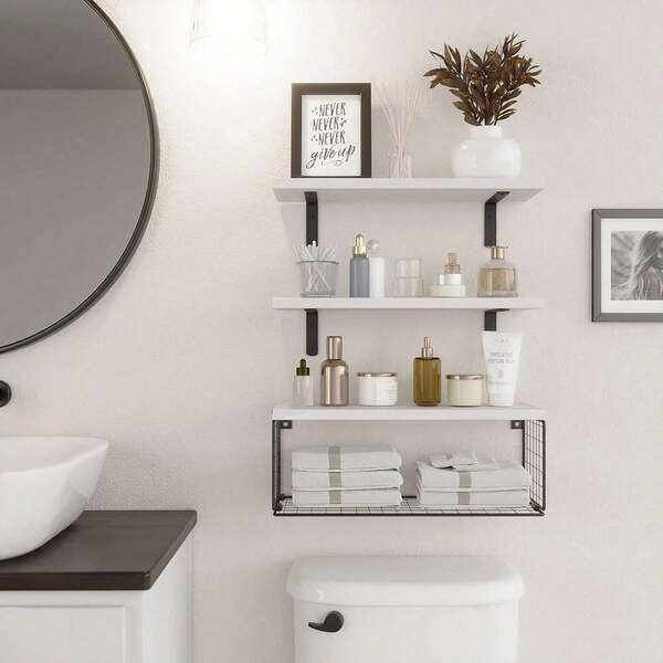 Bathroom Shelves Over Toilet With Storage Basket, Floating Wall Shelf For Home Organization & Wall Decor, Bathroom/Kitchen/Living Room Shelves–White